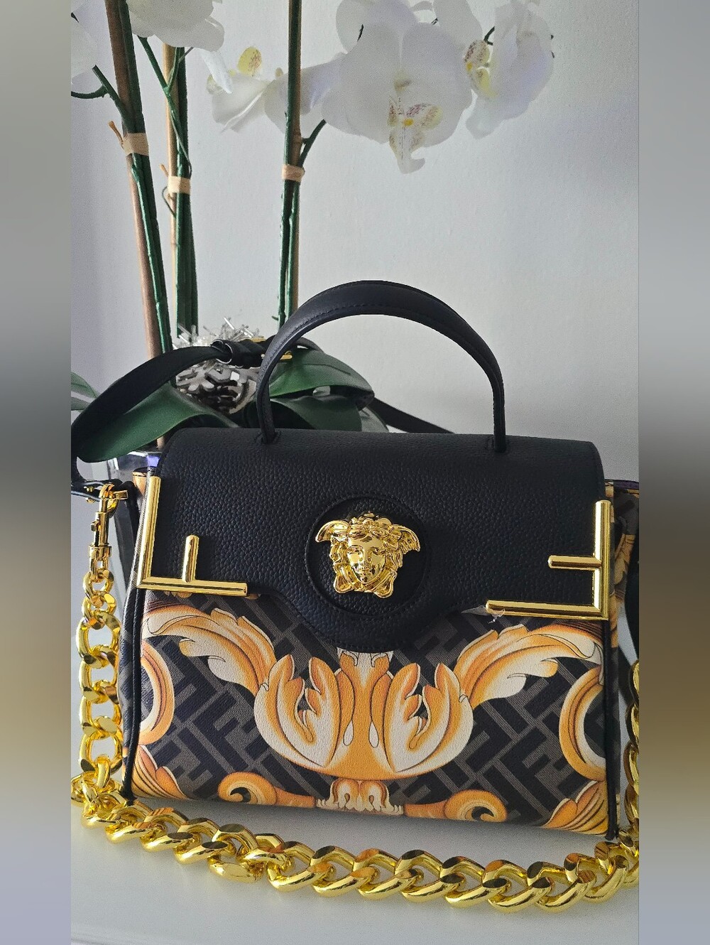 Copy Versace Black & Gold Medusa Fendi Top Handle Bag